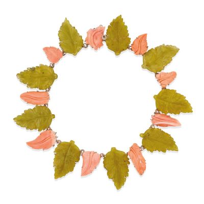 pink and green leaf necklace on a white background