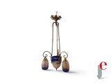 an image of a chandelier with three blue vases hanging from it ' s arms