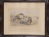 painting of a horse drawn carriage being pulled by two men