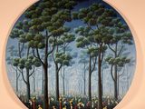 a painting of a group of people in a forest