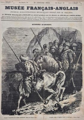 un vieux journal sur lequel figure le dessin d'un homme à cheval