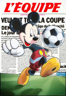 the cover of a magazine with a cartoon mickey mouse kicking a soccer ball