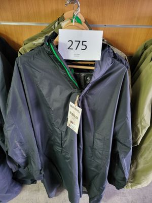 three jackets hanging on a hanger in a store with a price tag