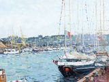 a painting of a harbor filled with lots of boats