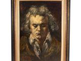 une peinture à l'huile représentant un homme vêtu d'un manteau marron et d'une chemise blanche
