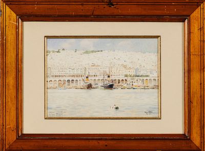 a picture of a painting of a city by the water