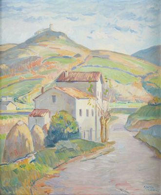 une image d'une peinture représentant une maison sur une colline