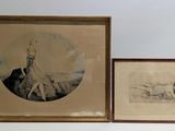 two framed pictures of a man and a woman sitting on a bench