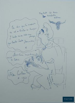 un dessin représentant un homme assis à une table avec une bouteille de vin