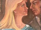an oil painting of a man and a woman looking at each other