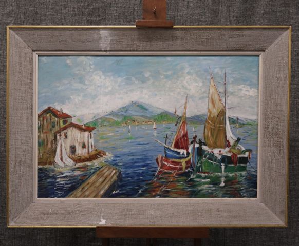 Ramoin ? « Voilier au bord du lac ». Huile sur panneau. Signée en...
