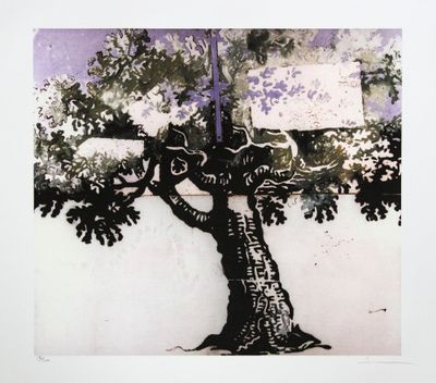 un tableau représentant un arbre sur lequel est accrochée une pancarte