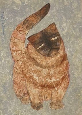 a painting of a cat with a hat on it ' s head