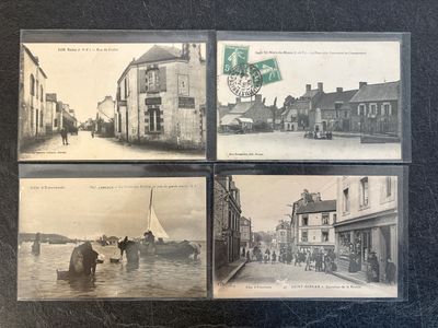 several old black and white photos of people walking down a street