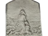 an antique silver plaque depicting a woman and a dog