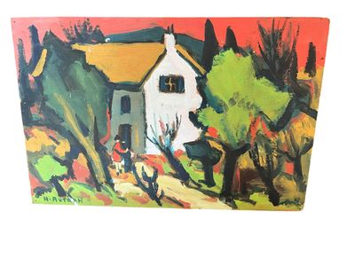 a painting of a white house with a yellow roof