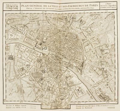 une vieille carte de Paris sur laquelle figure un plan de la ville