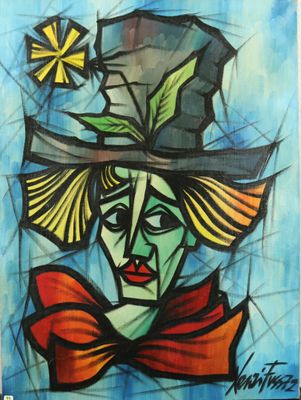 an image of a painting of a woman with a top hat and bow tie