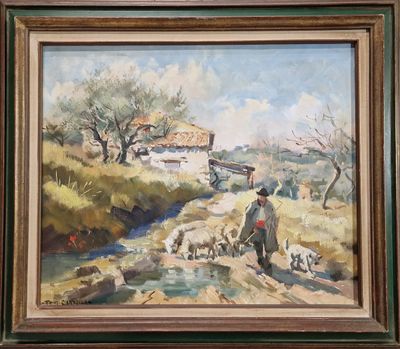 une peinture à l'huile représentant un homme avec un chien et des moutons au bord d'un ruisseau