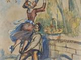 une image représentant un tableau où l'on voit un homme et une femme sur un pont