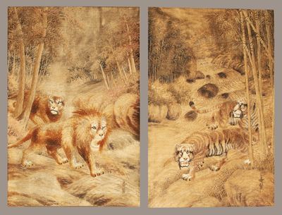 deux tableaux représentant des lions et un tigre dans une zone boisée