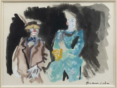une image représentant un tableau où figurent un clown et une femme en robe bleue