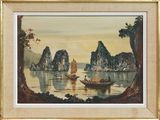 une photo d'un tableau représentant un bateau sur un plan d'eau