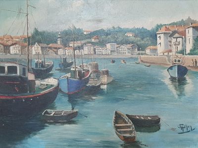 painting of boats in a harbor with buildings in the background