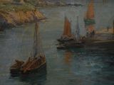 a painting of boats in the water by the shore