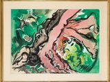tableau représentant une femme en robe rose et un homme en costume vert
