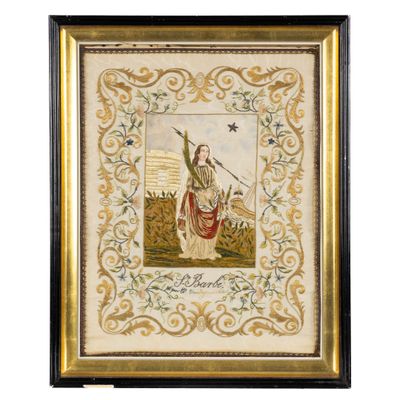 a painting of a woman holding a sword in a field