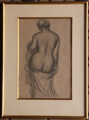 an old drawing of a woman in a towel is hanging on a wall