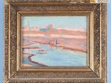 une peinture à l'huile représentant une scène de plage avec un bateau dans l'eau