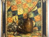 une peinture à l'huile représentant un vase et des fleurs posés sur une table
