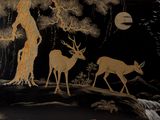 un tableau représentant deux cerfs dans les bois, la nuit