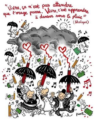 illustration représentant un couple sous la pluie, chacun tenant un parapluie