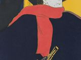 painting of a man in a black coat and red scarf holding a cane