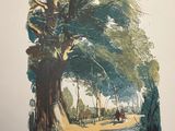 a picture of a painting of a tree in a park