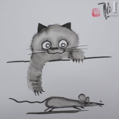 dessin représentant un chat et une souris sur une feuille de papier
