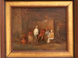 painting of a group of people in a barn with pots and barrels