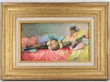 tableau représentant une femme allongée sur un lit, vêtue de bas et de bas