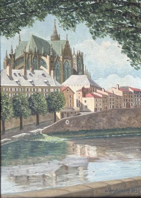 une peinture représentant un château au bord d'une rivière