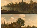 two paintings of a river scene with a village and a church