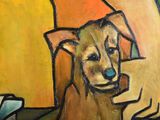 a painting of a dog that is sitting on a table