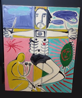 tableau représentant un homme assis sur une chaise, un téléphone portable à la main