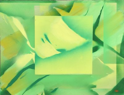 abstract painting of green and yellow flowers with a square in the middle