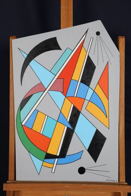 peinture abstraite sur chevalet, avec un fond noir et un fond bleu
