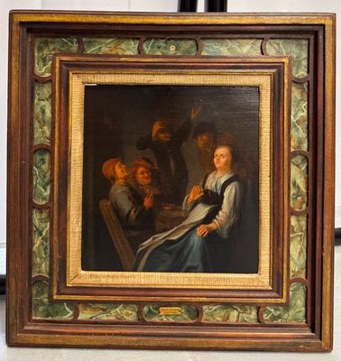 un vieux tableau représentant une femme assise à une table, avec un homme debout à côté d'elle