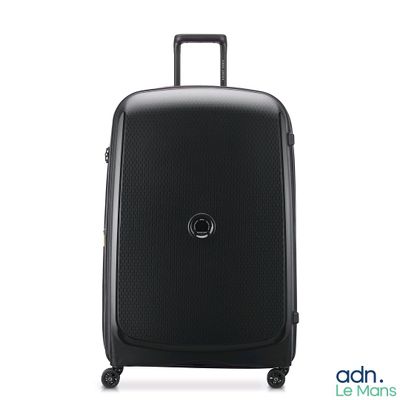 a black piece of luggage with wheels on a white background