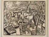 un dessin en noir et blanc représentant un village avec une église en arrière-plan